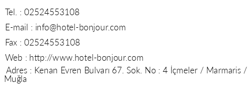 Hotel Bonjour telefon numaralar, faks, e-mail, posta adresi ve iletiim bilgileri